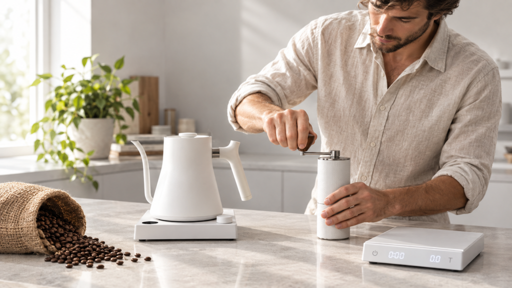 Gooseneck kettle, hand burr grinder, and coffee scale used to brew specialty coffee at home