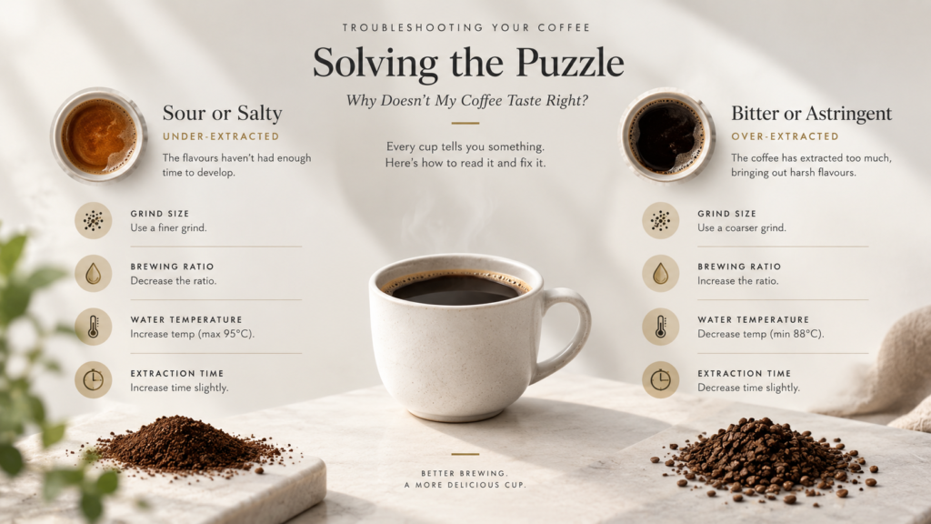 Coffee troubleshooting guide comparing sour under-extracted and bitter over-extracted specialty coffee