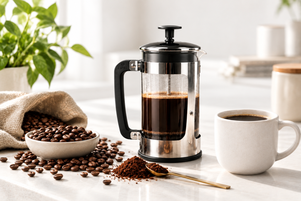 French press brewing specialty Colombian coffee, available at La Reserva 22